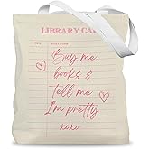 LADOCK Pink Book Tote Bag, Preppy Bookish Canvas Tote Bags for Women, Gifts for Readers Book Lovers Women, Buy Me Books Tell Me I'm Pretty Reusable Grocery Shopping Bags