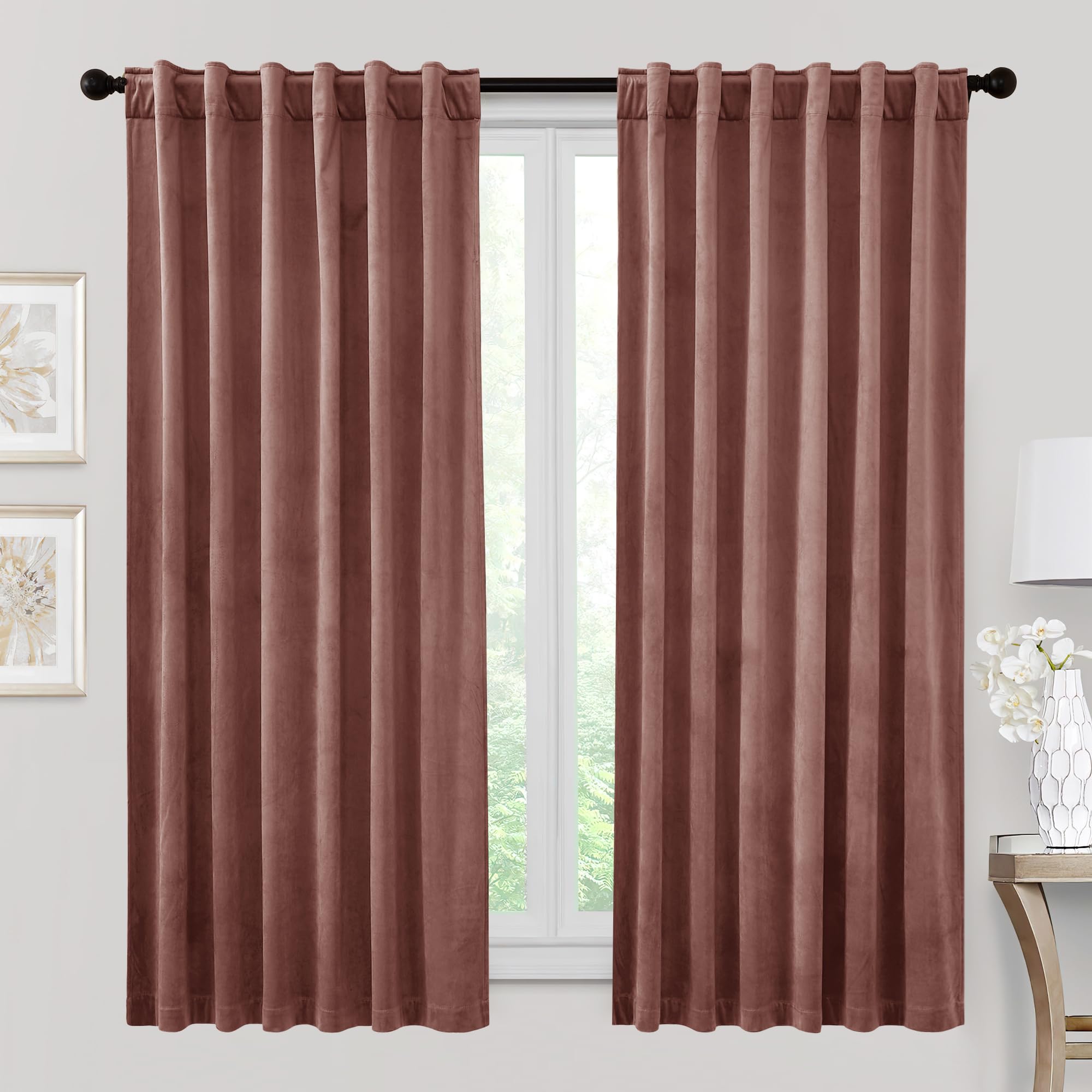 RYB HOME Heavy Duty Velvet Curtains & Drapes, Room Darkening Noise Reducing Window Treatment for Living Room Bedroom Privacy Draft Block Shades for Stuido, Wild Rose, W52 x L72 inch, 2 Panels Image