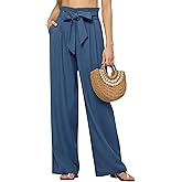 AVICHIC Women Linen Pants 2025 Paperbag Wide Leg Dress Pants High Waisted Work Slacks Tie Knot Trousers with Pockets 30" Denim Blue XXL