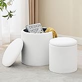 oakvivo Round Set of 2 Ottoman with Storage, Boucle Storage Ottoman Foot Stool, Soft Teddy Upholstered Small Vanity Stool, Ottomans Coffee Table Padded Seat Foot Rest for Living Room Bedroom, White
