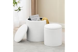 oakvivo Round Set of 2 Ottoman with Storage, Boucle Storage Ottoman Foot Stool, Soft Teddy Upholstered Small Vanity Stool, Ottomans Coffee Table Padded Seat Foot Rest for Living Room Bedroom, White