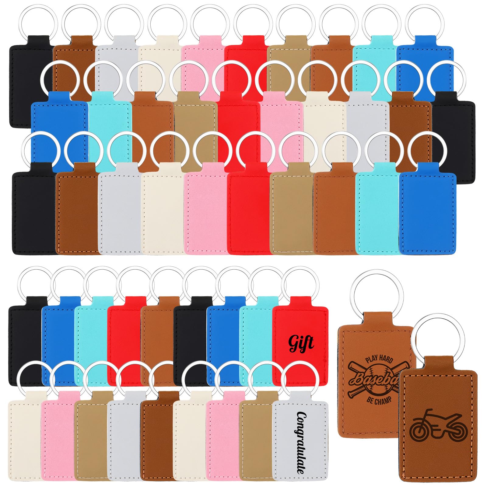 Photo 1 of Wonderjune 50 Pcs PU Leather Keychain Blanks Bulk with 50 Rings Laser Engraving Blanks Keychain Kit for DIY Supplies Gifts(Multicolored)