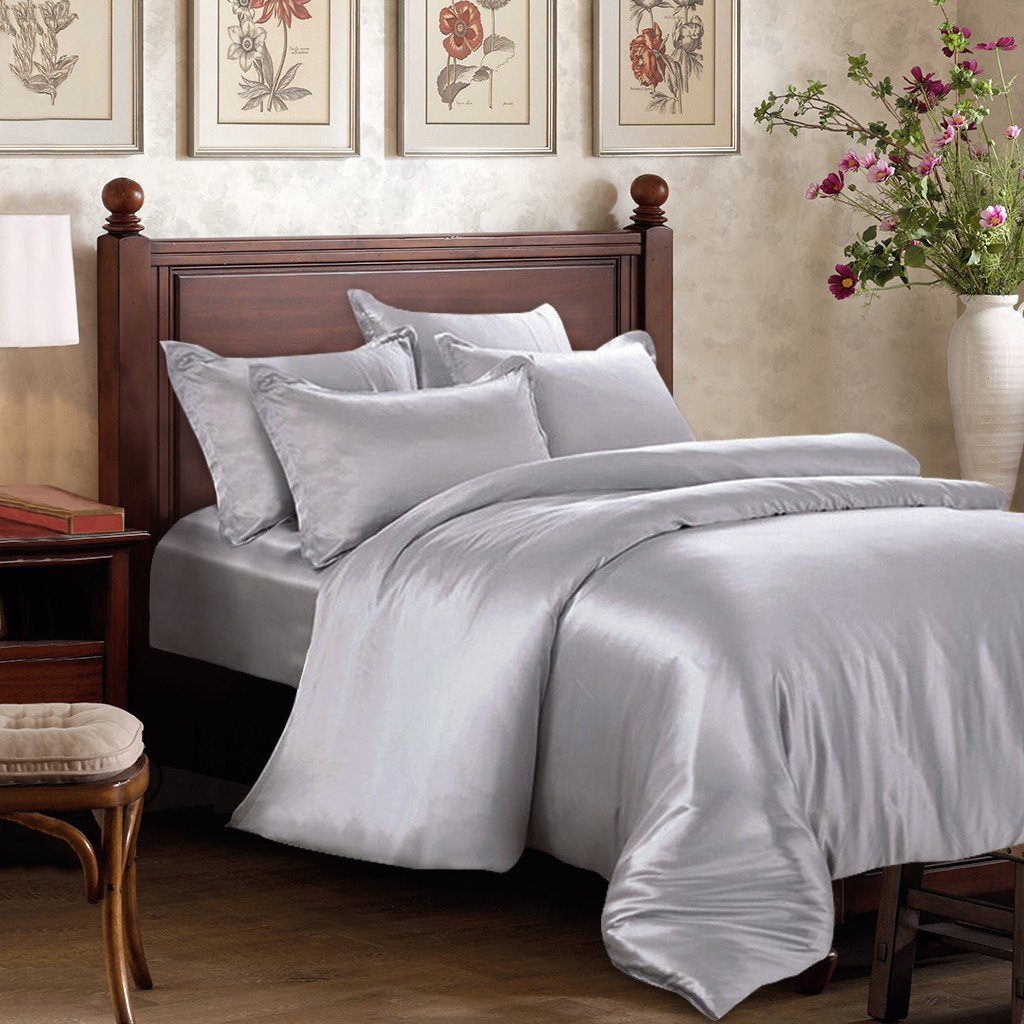 Reliable Bedding 100% Pure Silk Satin Sheet Set 7pcs, Silk Fitted Sheet 15'' Deep Pocket,Silk Flat Sheet,Silk Duvet Cover & Pillowcases Set !!! Olympic Queen, Silver Grey