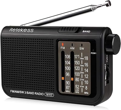 Retekess V117 Portable Radio AM FM SW 3-Band Earphone Jack Large Dial Black