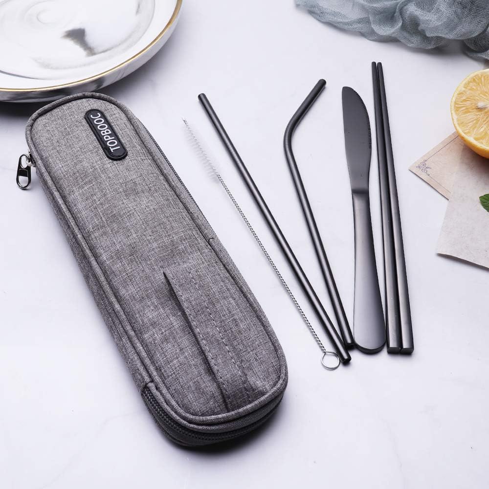  | Portable Stainless Steel Flatware Set, Travel Camping Cutlery Set, Portable Utensil Travel Silverware Dinnerware Set with a Waterproof Case (8-Pieces Flatware Set Black)…: Flatware Sets