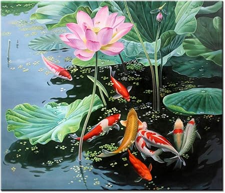 Amazon Com Hylove Fish Art Framed Original Contemporary Painitng Giclee Print On Canvas Beautiful Lotus Flower Feng Shui Koi Fish Painting Living Room Office Wall Art Home Decor 16x16 Inch Posters Prints