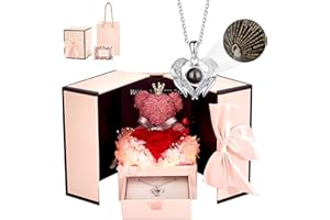 MAUSMORIN Preserved Red Rose Moss Bear Gifts with LED Light including 925 Sterling Silver I Love You Necklace for Mom Wife Girlfriend,Anniversary Valentines Day Mothers Day Christmas Birthday Gifts for Women