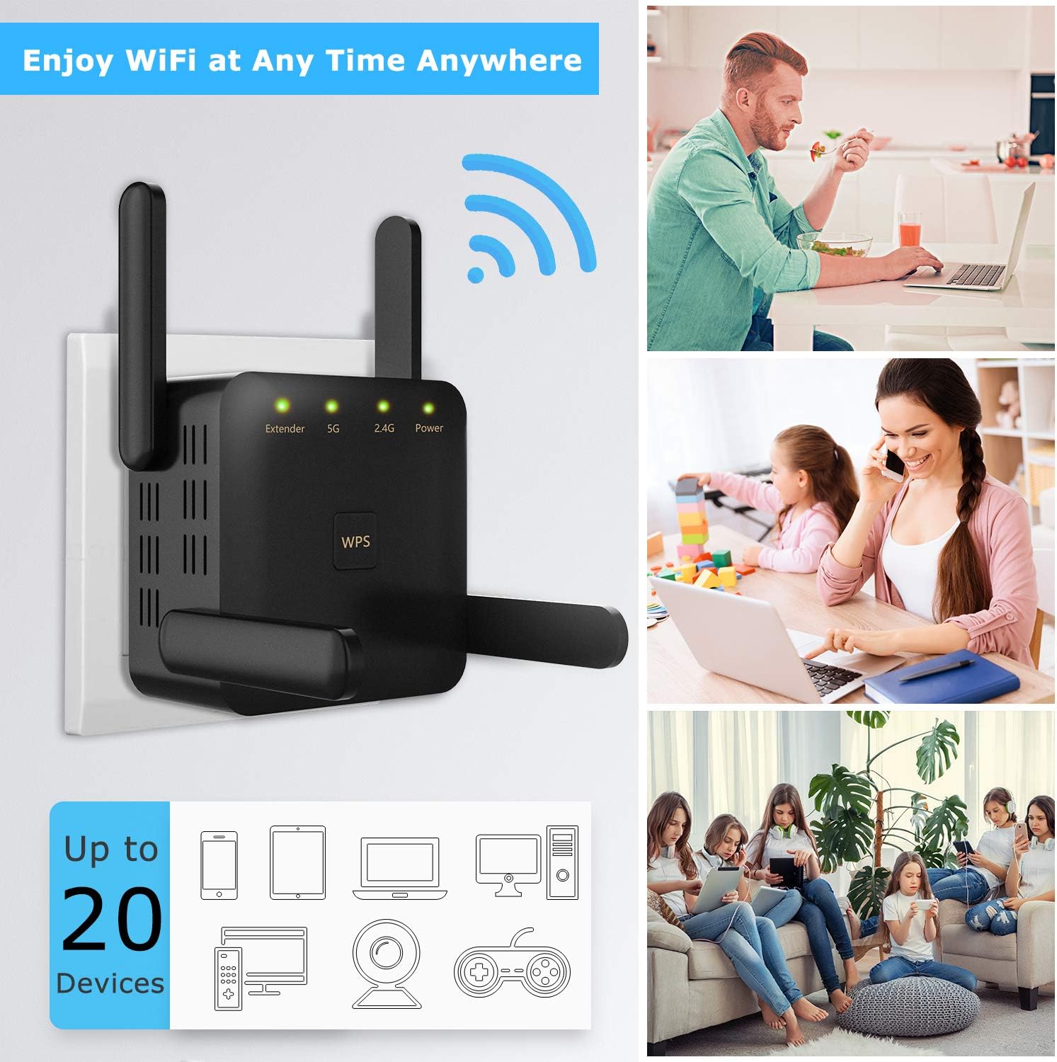 FIDECO WiFi Booster Range Extender, AC1200 Dual Band WiFi Extender(5GHz