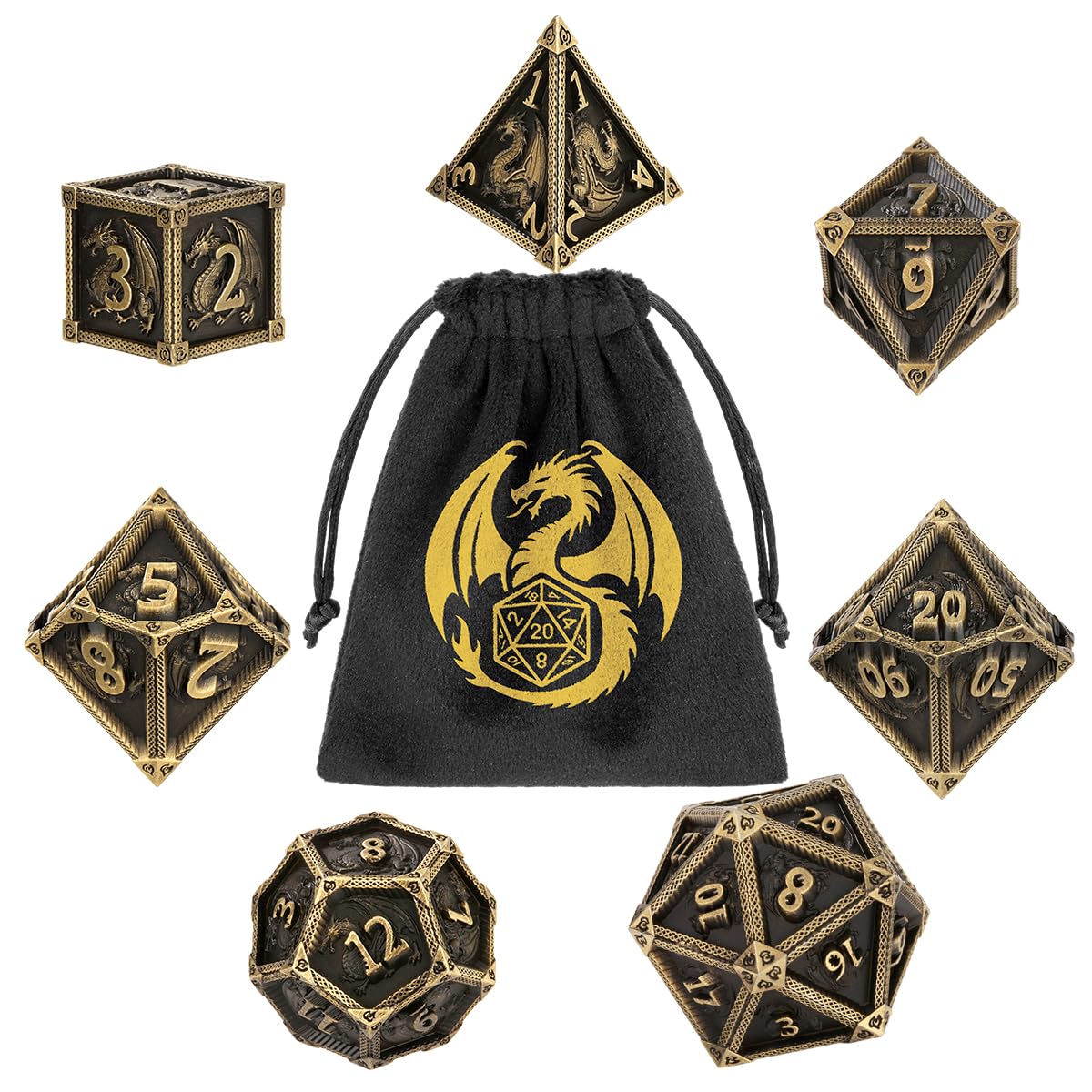 DND Dice Set, 7pcs Polyhedral Metal Dragon Dice, DND Starter Set, Role Playing Board Games Accessories, Warhammer Gifts, for D&D Fans, Bronze with Dragon Bag