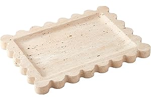 Denique Natural Travertine Tray with Scalloped Edge, 10.8x8 Rectangle Vanity Tray for Bathroom Kitchen Countertop, Beige Decorative Stone Storage Tray for Dresser Home Decor
