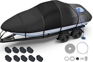 FONZIER Heavy Duty Boat Cover 20'-22', 1400D Middle Reinforced Waterproof Polyester Canvas, Trailerable Boat Cover with Fast Drainage Kits Fit 20-22ft V-Hull/Tri-Hull/Runabout/Bass Boat/Fish & Ski, Black