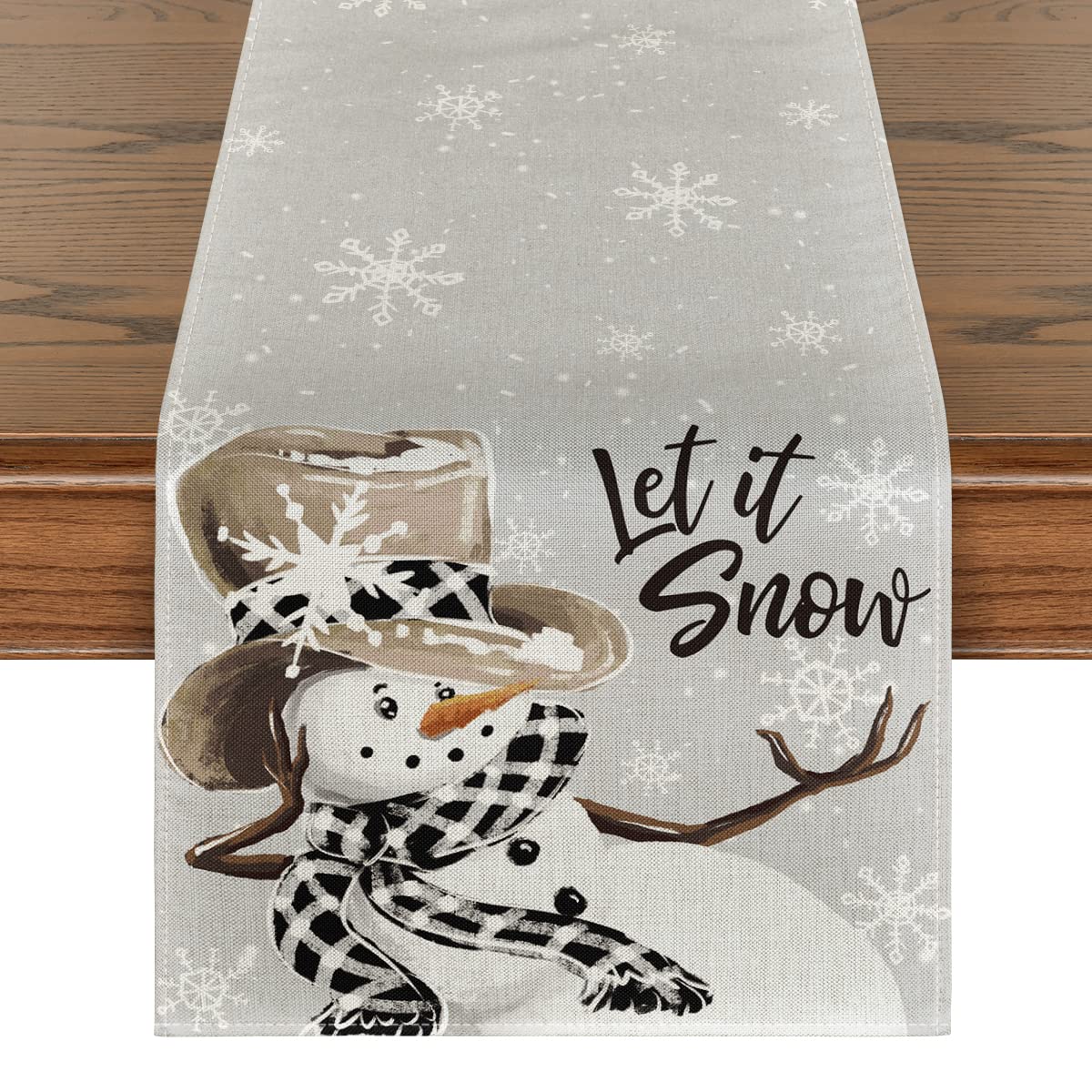Photo 1 of Artoid Mode Grey Snowman Snowflake Let it Snow Christmas Table Runner, Seasonal Winter Kitchen Dining Table Decor for Home Party Indoor 13x108 Inch