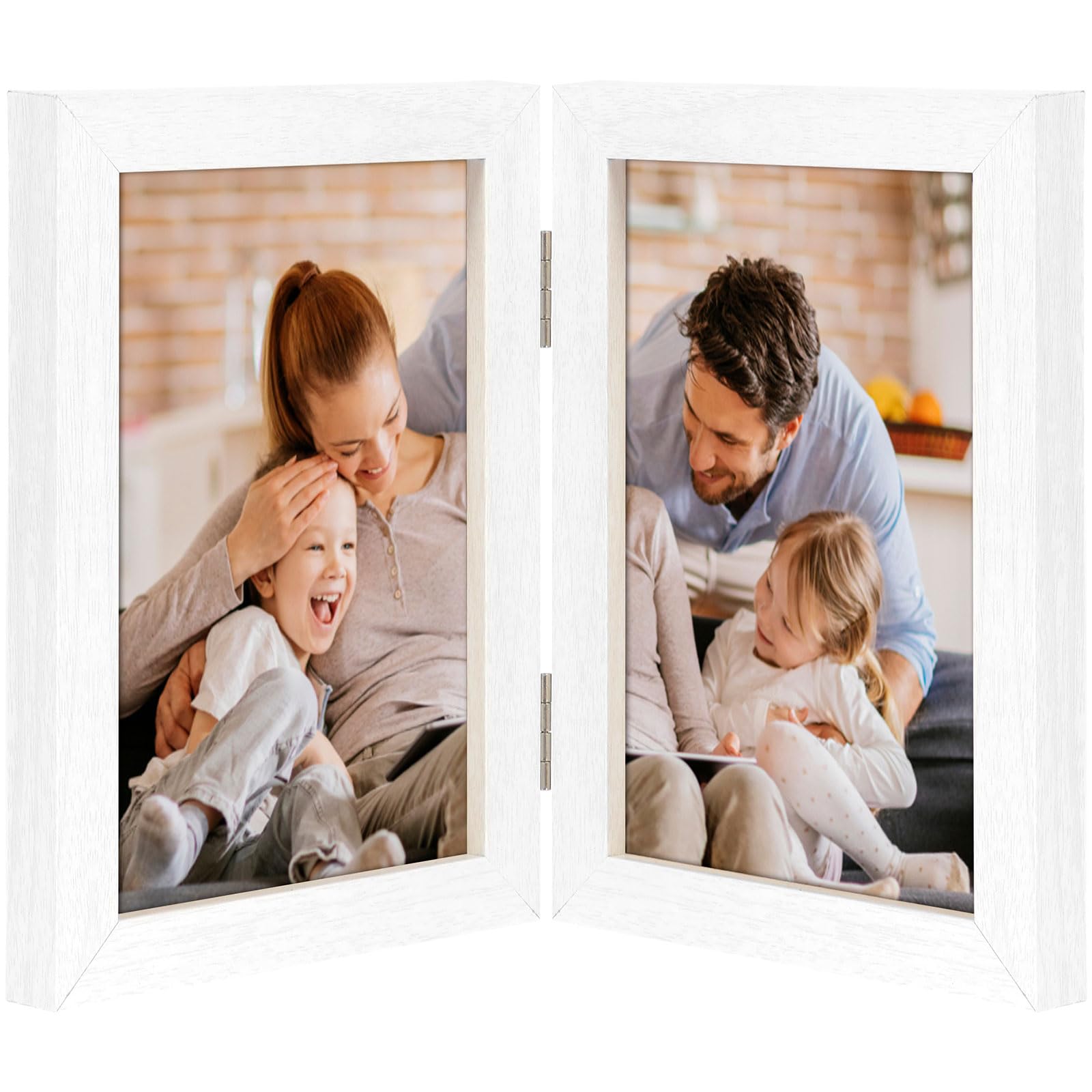 Gatphy Double Sided Photo Frame 4x6 Hinged Folding Wood Picture Frame with Definition Glass Stand Hinged Photo Frame Vertical on Desktop Folding Family Frames Collage Hold 2 Photos (Double White)