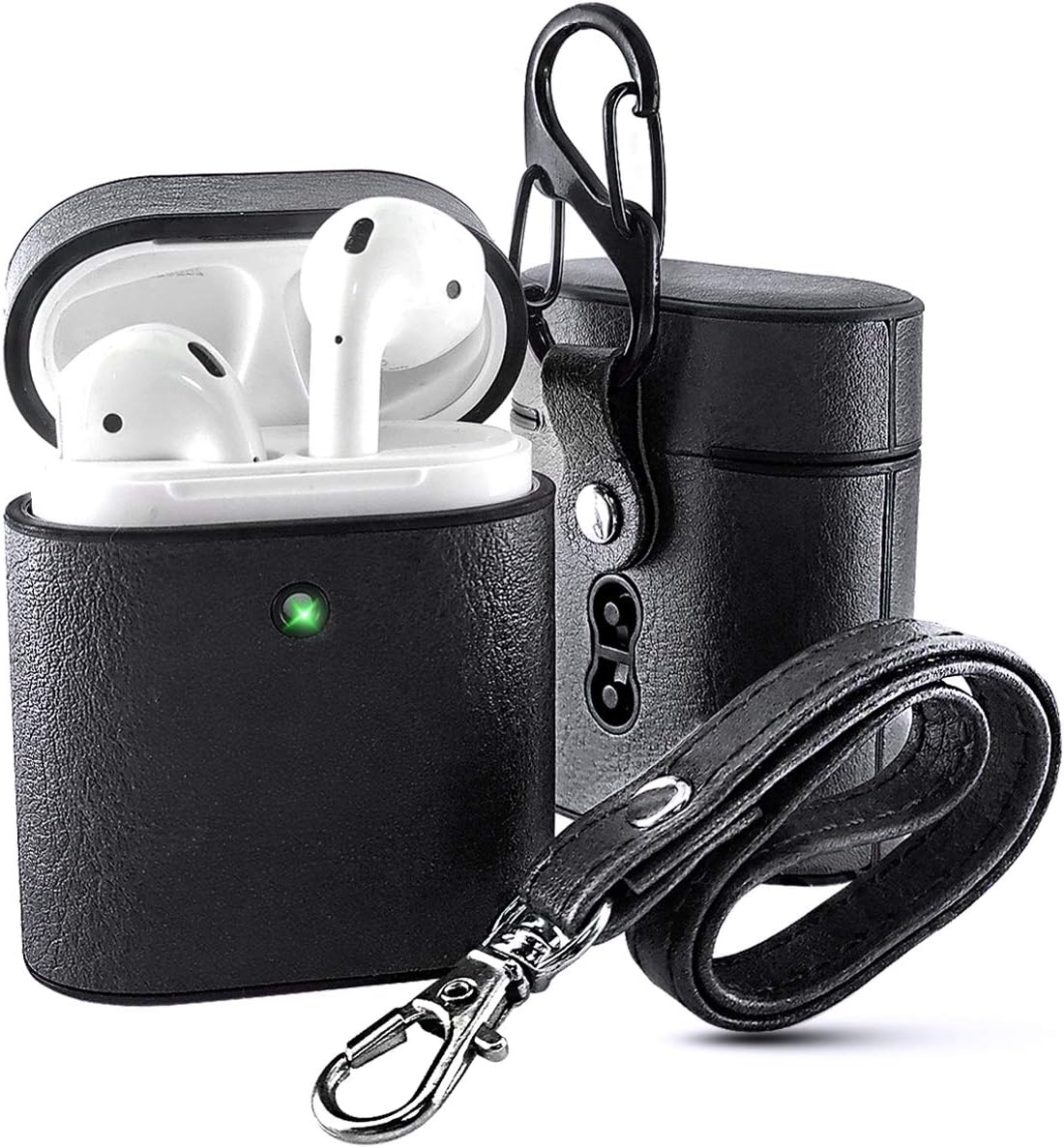 Designer Leather Case for Airpods Come with Wristlet Strap Keychain, JANSAE Classic Luxury Protect Case Kits Accessories Compatible with Airpod Charging Case Cover (Black Box)