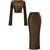 winkbay Women's 2 Piece Going Out Outfits Elegant Long Sleeve Crop Top and Maxi Skirt Matching Sets