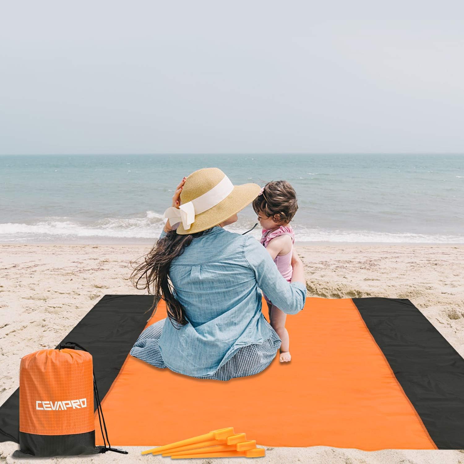 TOLEMI Beach Blanket Waterproof Ex-Large Beach Mat Portable Sand-Proof Picnic Blanket Lightweight Travel Tent Mat for Lawn Park Grass Sand Family Party Music Festival Camping Activities - Orange