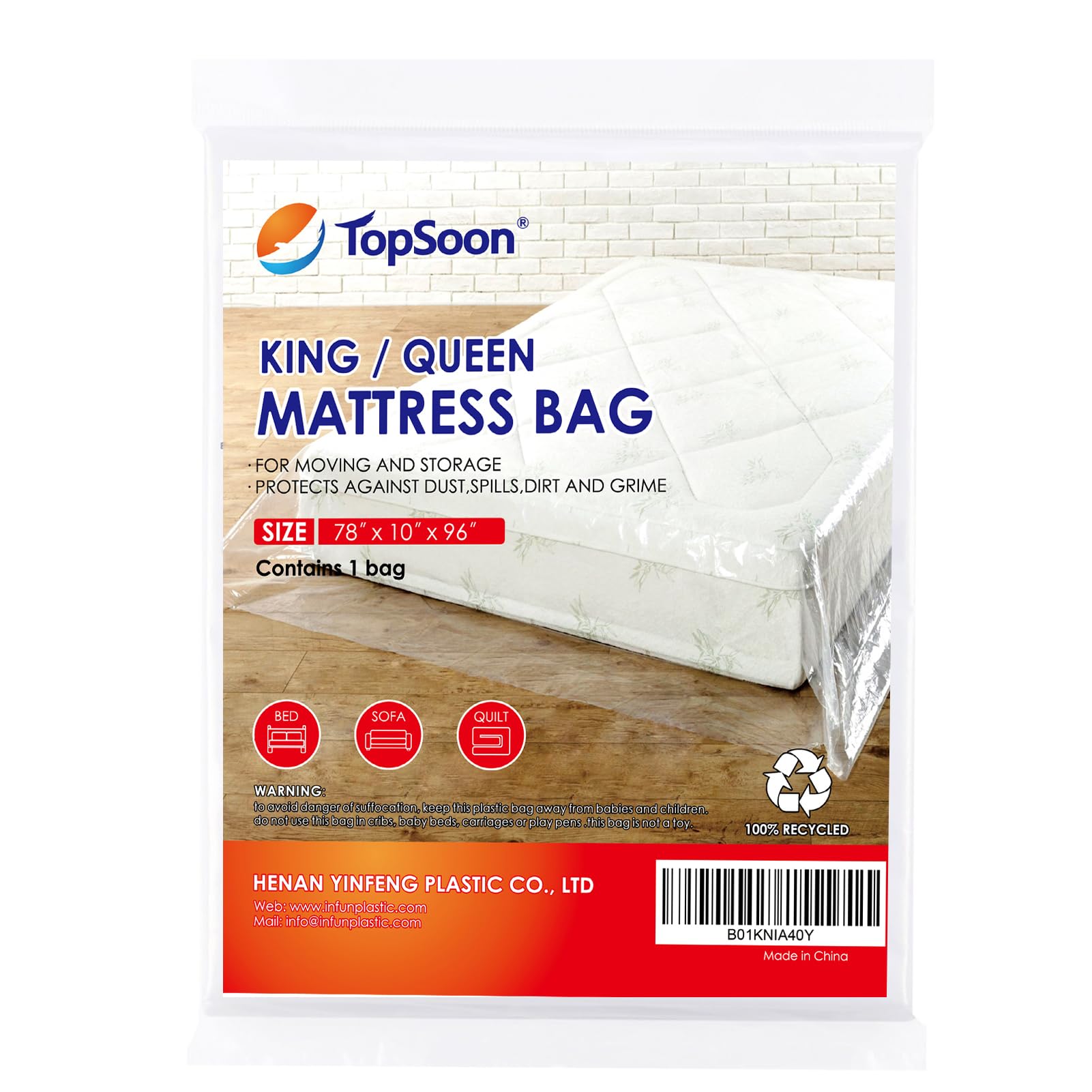 TopSoon Mattress Bag For Storage Mattress Disposal Bag King/Queen Clear