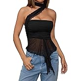 Milumia Women Going Out Halter Tops Ruched Mesh Bandeau Top with Scarf