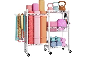 FUTASSI Home Gym Storage, 3 Tiers Workout Equipment Organizer with Wheels for Yoga Mats, Foam Roller, Dumbbells, Kettlebells,
