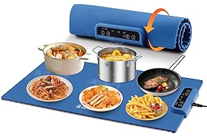 QUEENLINK Warming Mat for Food – Full Surface Heating Silicone Electric Tray with 3 Temp Levels, Auto Shut-Off & Safety Lock, Rollable & Portable Warming Pad for Buffets, Parties, Home Use – Blue