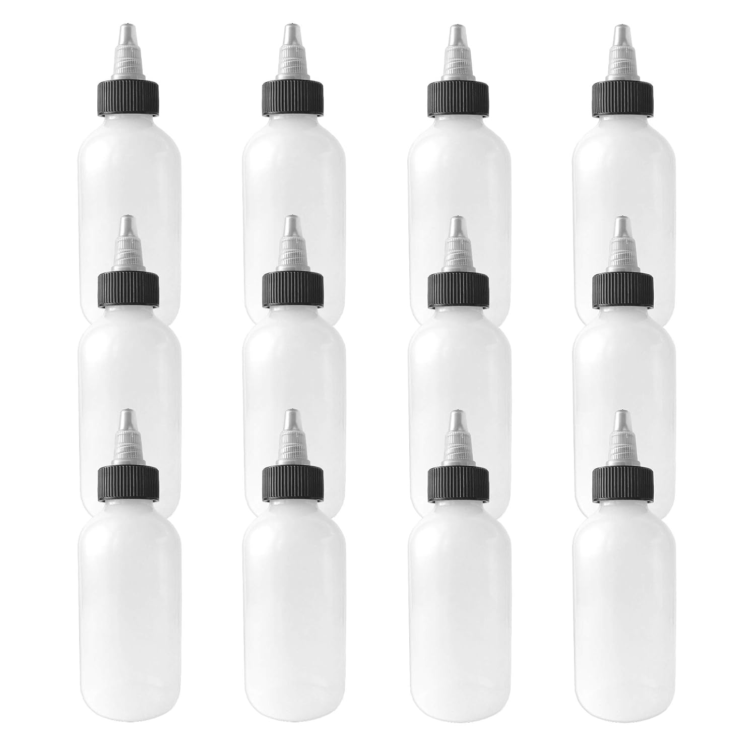 510 Central 4 Ounce Twist Top Squeeze Bottles - Boston Round with Dispensing Caps - LDPE Plastic - Made in USA - 120mL (4oz, 12 Pack)