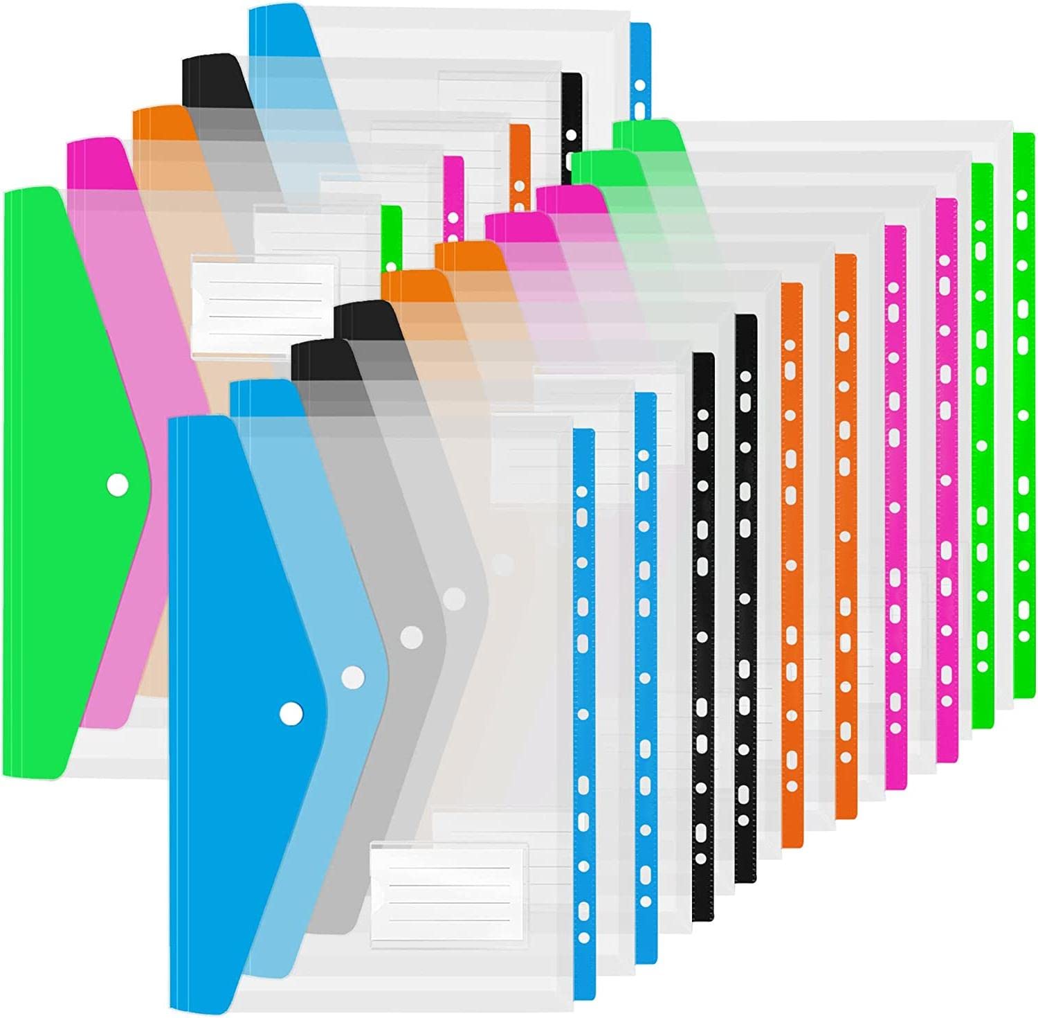 15 Pack A4 Punched Pocket Dividers,Ring Binder Punch Pocket with Label,Plastic Document Files Popper Wallets with Pocket for Home Offices School