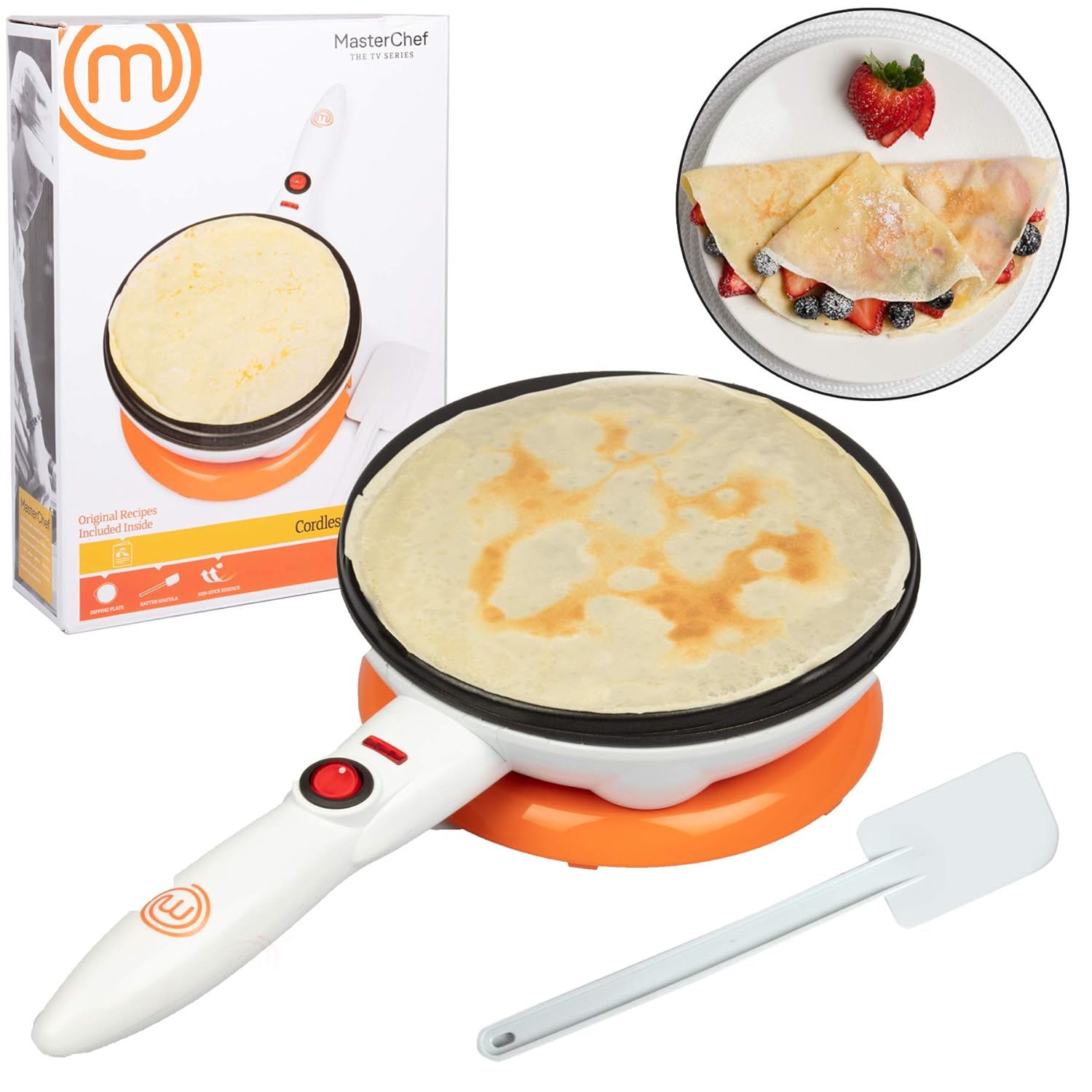 MasterChef Cordless Crepe Maker with FREE Recipe Guide- Non-stick Dipping Plate plus Electric Base and Spatula