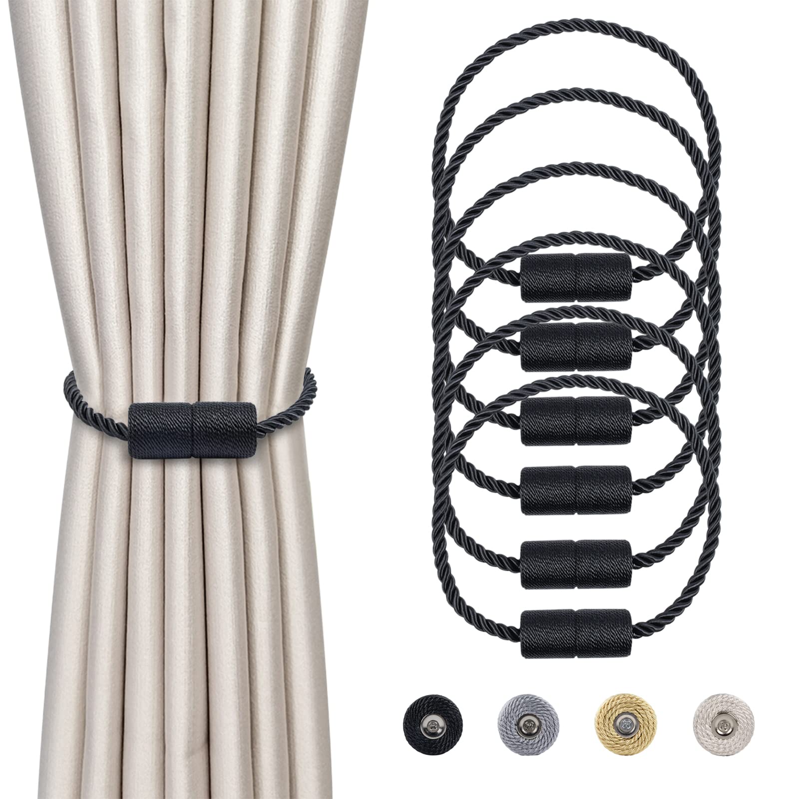 Dalababa 6 Pieces Magnetic Curtain Tiebacks Clips Curtain Buckle, 41.5 cm Decorative Curtain Braided Rope, Magnetic Curtain Holdbacks Curtain Holder - Curtain Accessory for Home Decoration - Black