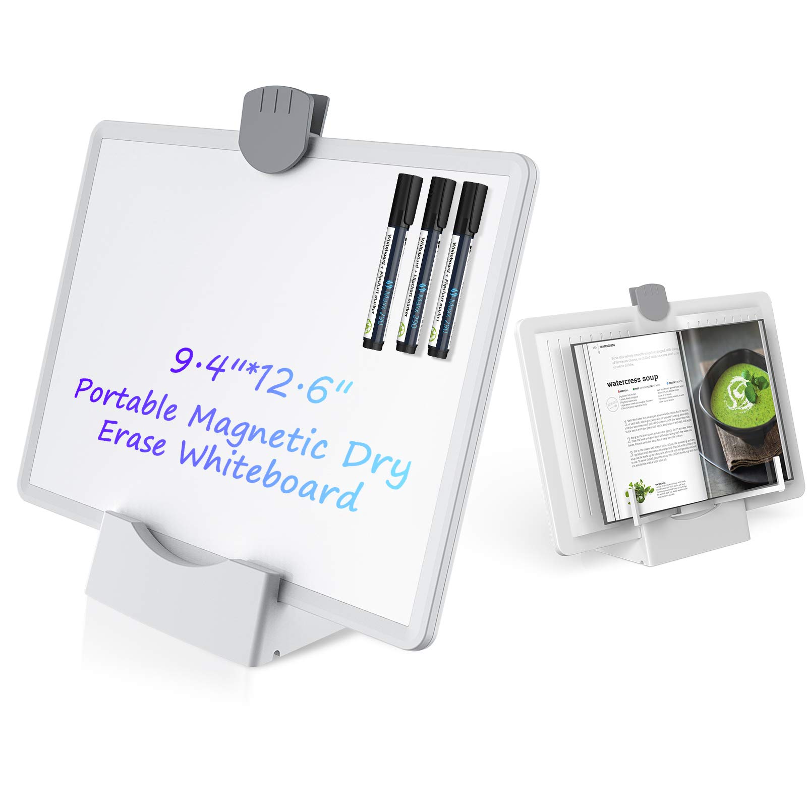 AboveTEK Magnetic Drywipe Whiteboard, 24 x 31 cm Dry Erase Board with Phone/Tablet Stand and Book Stand, Portable Message White Board for Homeschooling, Office & Classroom (White)