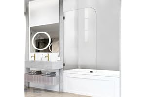 ELYXIAN Frameless Bathtub Shower Door, 34" W X 58" H Single Fixed Bath Panel with Clamps, 1/4"(6mm) Clear Tempered Glass Bathroom Shower Screen, Bathtub Glass Panel in Matte Black