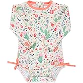 RuffleButts Baby Girls UPF 50+ Sun Protection Novelty Print Long Sleeve One Piece Rash Guard Swimsuit with Zipper - Desert Blossoms, 2T