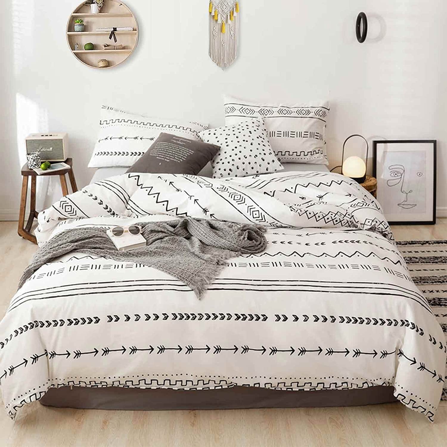 Lanqinglv Single Duvet Cover Set Black and White Bohemian Geometric Patterned Stripe Bedding Sets with Zipper Closure Microfiber Quilt Cover and Pillowcase 50x75cm
