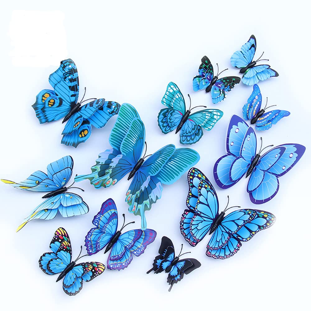 QGHSkOMk 12Pcs 3D butterfly wall decorations stickers Decor Wall Art Hanging Ornament Sculpture Garden Statues For Indoor Home Living Room Bedroom Outdoor backyard Porch Patio Fence (blue)