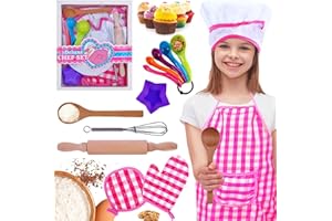 Lolo Toys Kids Baking Set Cooking Apron - 13 Piece Children Kitchen Bake Playset Accessories for Girls Includes Chef Hat, Apron, Cupcake Mold, Measuring Spoons, Oven Glove, Mitt, Play Whisk Spoon