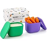 OmieBox UP (2 pack) Leakproof Dips Containers To Go, Salad Dressing Container, Condiment Container with Lids - Food Safe Silicone - 4.5 ounces (Purple/Green)