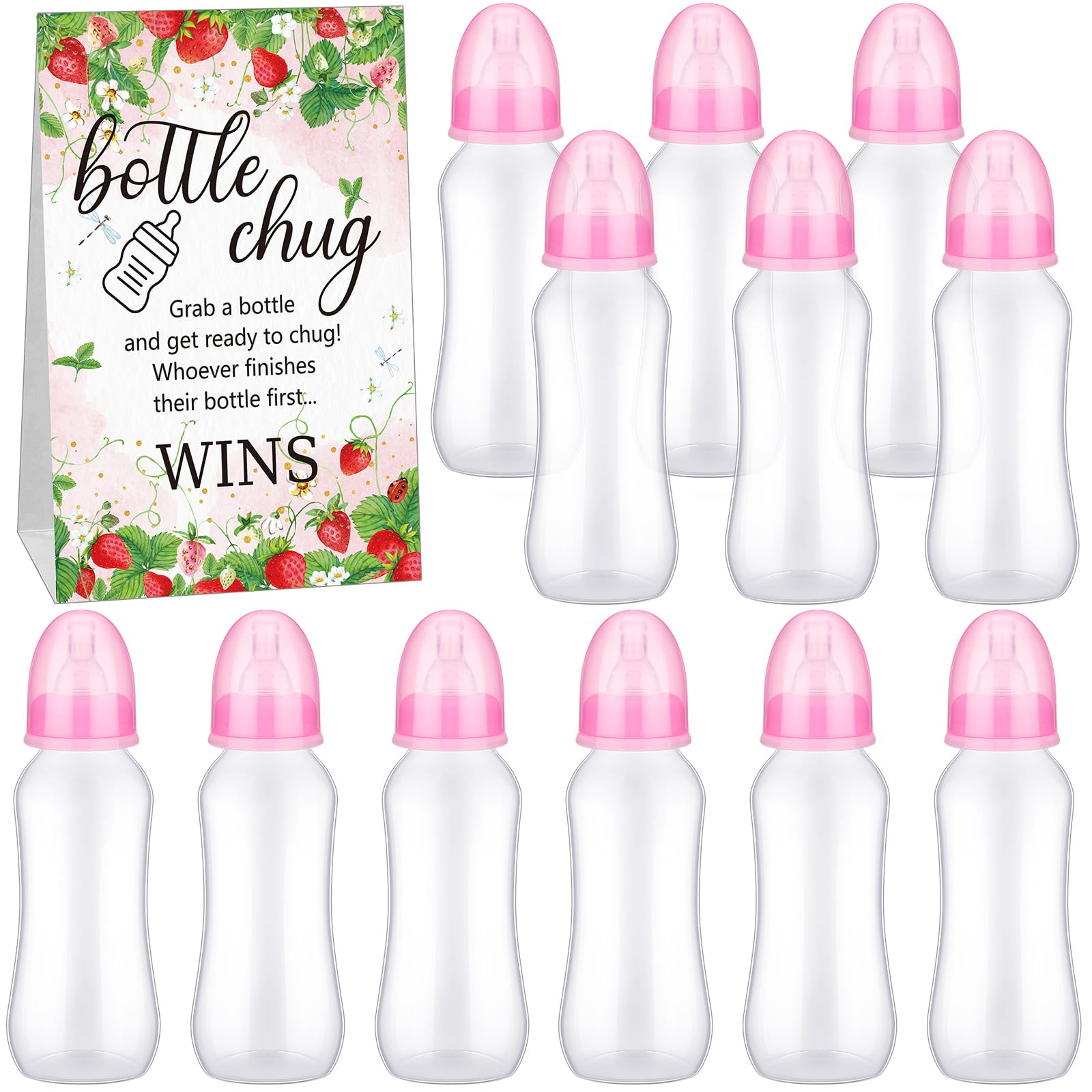 Photo 1 of TrelaCo Cool Baby Shower Games Sets 12 Pcs Feeding Bottles with 1 Bottle Chug Sign for Gender Reveal Baby Shower Party Favors Decoration Games(Strawberry,Pink)