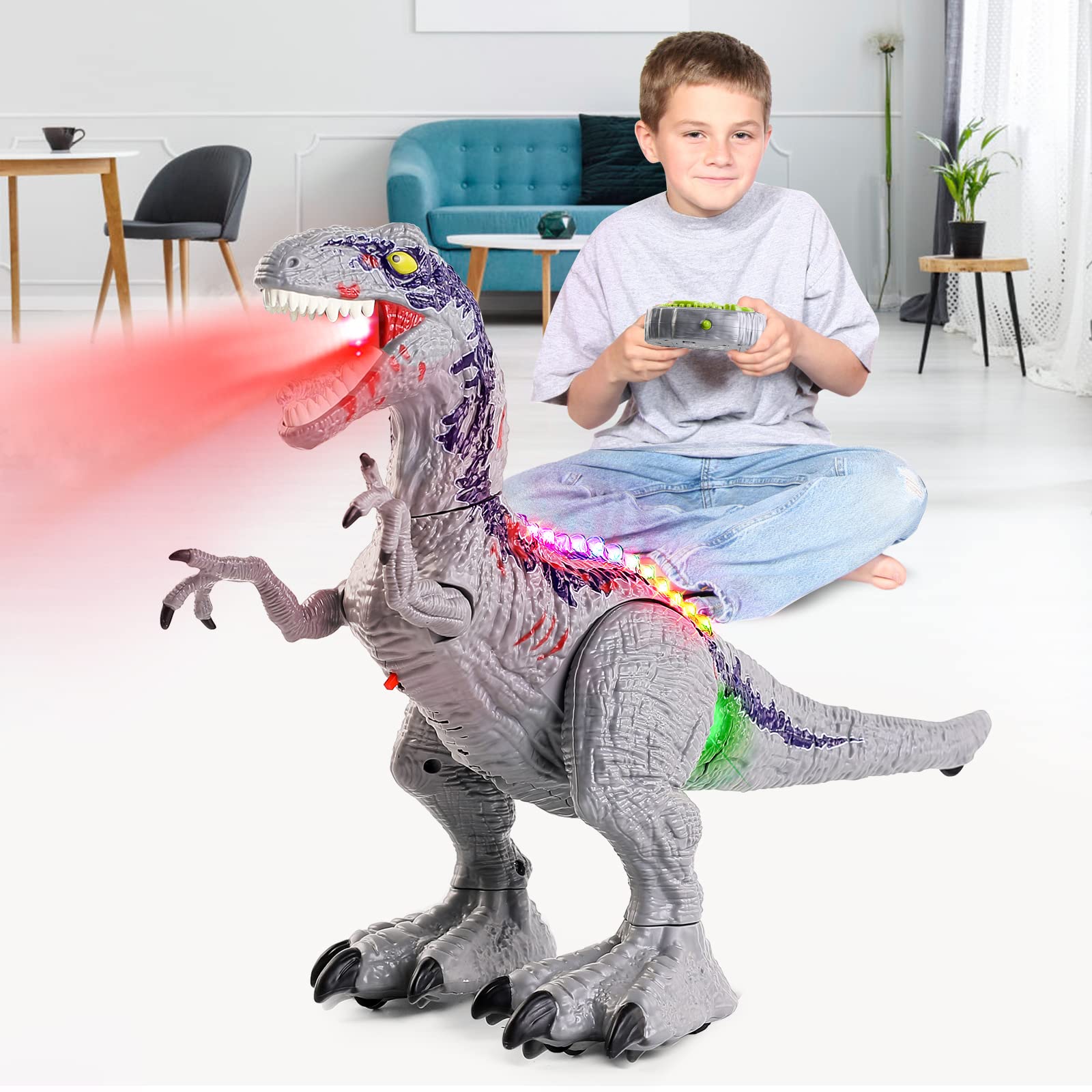 Photo 1 of Remote Control Dinosaur for Boys 4-7 Year Old, Big Jurassic Velociraptor RC Walking Dinosaur Toys for Kids 3-5, Electric Robot Dinosaur with Spray, Light & Sound, Birthday Gift for Kids