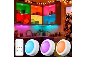 Yiliaw 3 Pack LED Puck Lights Remote Control 16 Color Changeable Under Cabinet Lights, Battery Operated Lights Night Light with Dimmer & Timmer for Closet Bedroom Kitchen, White