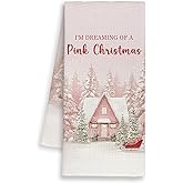 Dimurela I'm Dreaming of A Pink Christmas Kitchen Towels, Winter Cabin Snowy Forest Hand Towels Decor for Girls Bathroom, Trendy Dish Towel, Coquette Tea Bar Waffle Towel for Dorm Holiday Home 16x24in
