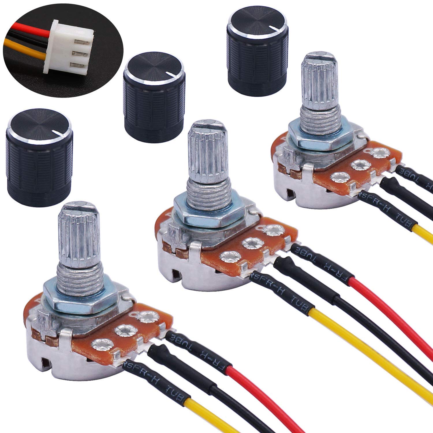 Taiss/3 Pcs 10K Ohm Linear Taper Adjustable Rotary Potentiometer Change Resistance WH148 B10K 3 Pin with XH2.54-3P Connector Wire Cable + Black Knob Cover Cap 148-10k-BKL