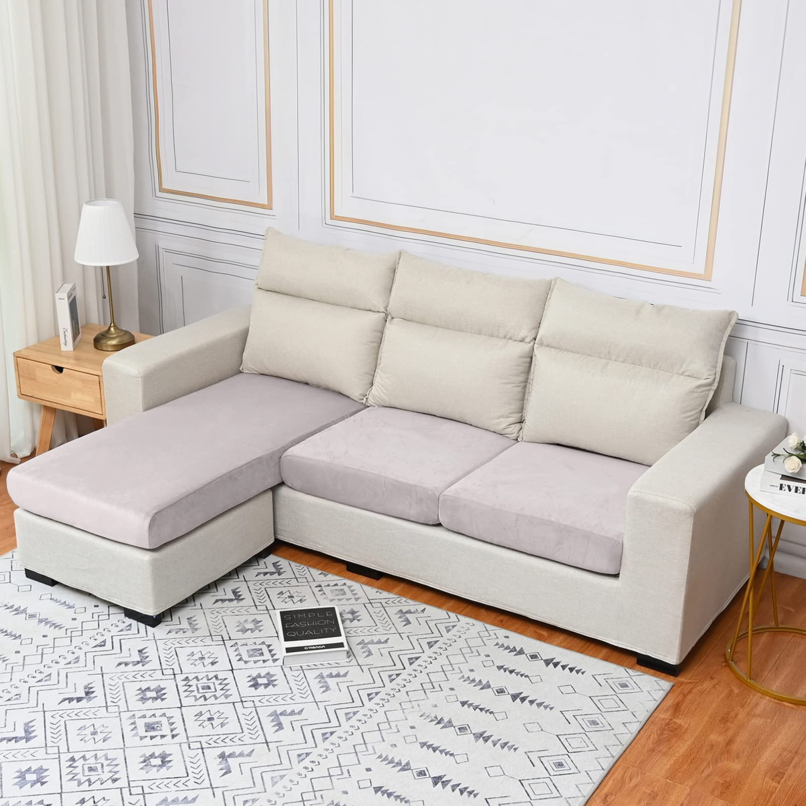 Qelus Velvet Sofa Seat Cushion Cover, 1/2/3/4 Seaters L-Shaped Couch Seat Slipcover, Furniture Protector Cover Separated (Light Gray,4 Seater)
