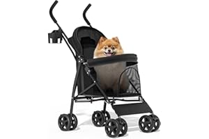 MoNiBloom 4 Wheels Pet Stroller, Easy-Fold Puppy Cage Jogger Stroller with Sun Cover, Pad and Rear Storage Bag, Breathable and Visible Mesh for Small/Medium Pets up to 22 lbs, Black