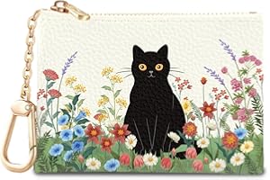Sukyerios Black Cat Flower Floral Keychain Coin Purse for Women, Small PU Leather Change Pouch, Zipper Little Tiny Travel Wallet for Girls, Cute Kawaii Zip Pocket Coin Holder with Key Ring