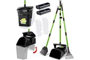LANNEY Pooper Scooper - 38" Long Adjustable Metal Handle Dog Pooper Scooper Swivel Bin & Rake & Spade with 50 Bags Attachment, Portable Heavy Duty Dog Poop Scooper for Yard Dogs Large Medium Small
