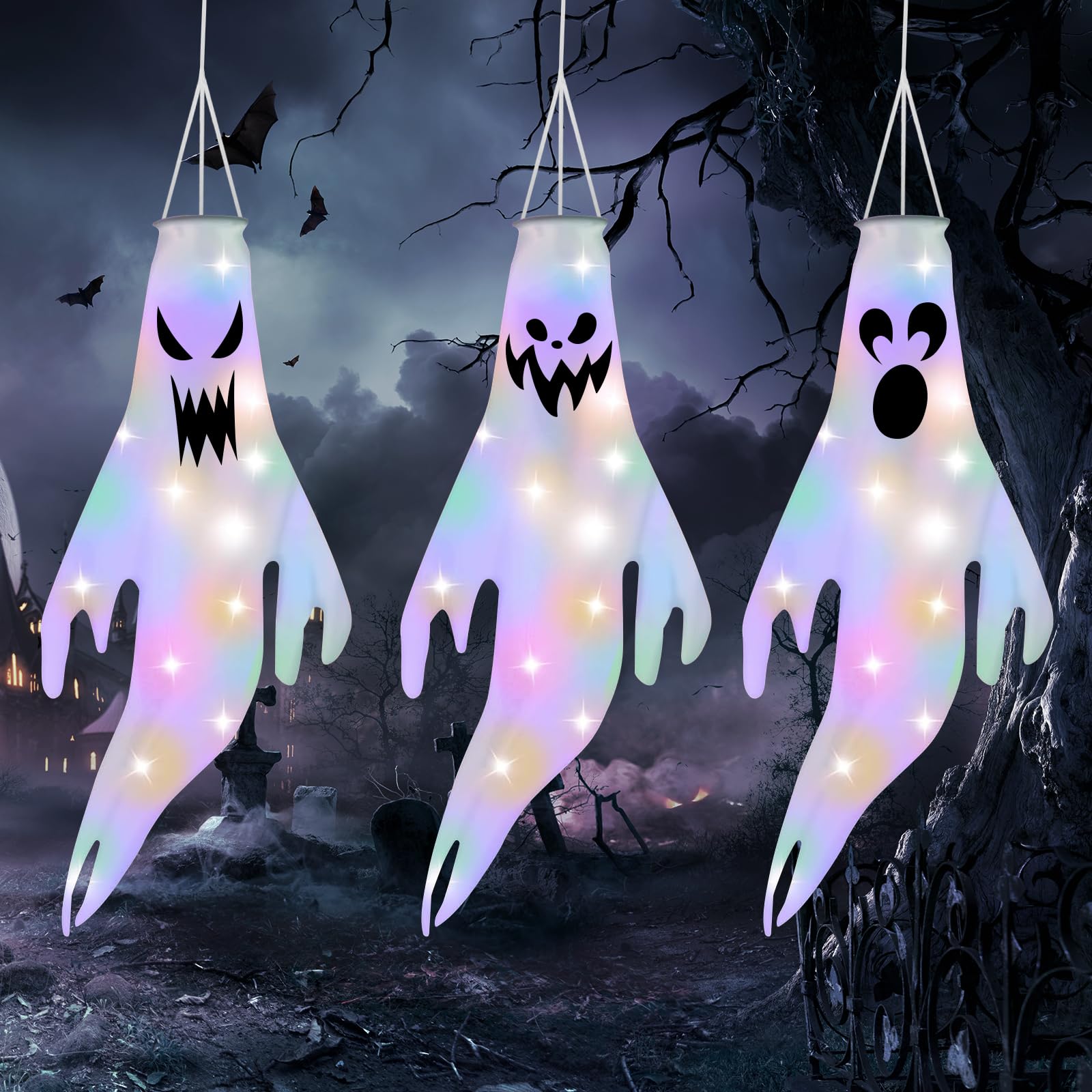 OFFCUP Halloween Windsocks, 3PCS Ghost Windsock with LED Colorful Lights, Hanging Decoration Flying Ghost Flag Wind Socks for Home Outdoor Indoor Patio Haunted House Party