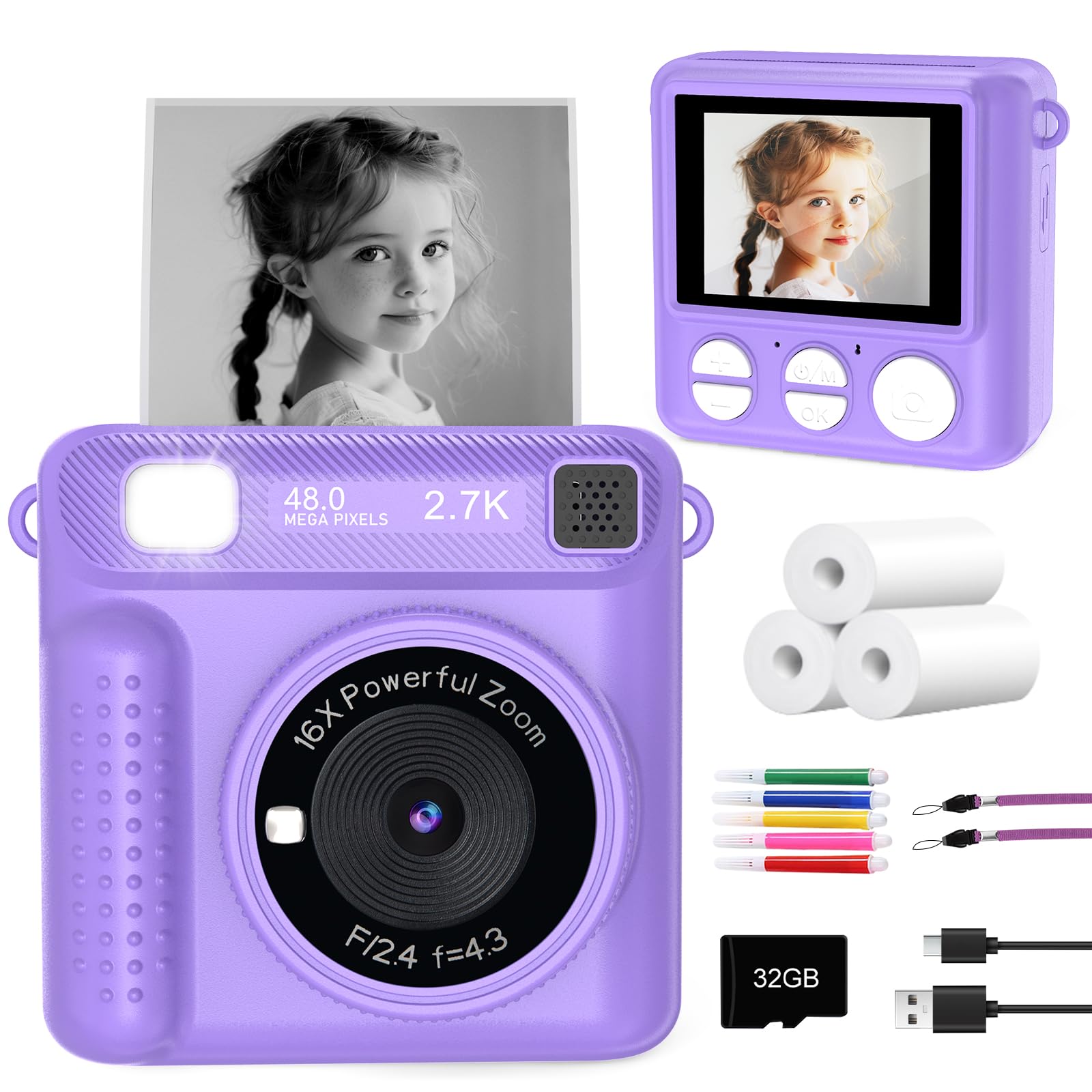 Kids Instant Print Camera - Christmas Birthday Gifts for Girls Boys, Instant Cameras That Print Photos for 4 5 6 7 8 9 10 Year Old Girl Birthday Gift with 32GB SD Card