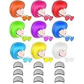 LOHO MAGICA 9 Pack Colored Wigs, Funky Colorful Wigs, Short Bob Hair Wigs, Neon Party Wig, Cosplay Wig with Rimless Heart Shape Sunglasses - One Size for All Women Adults Halloween Costume Night Club