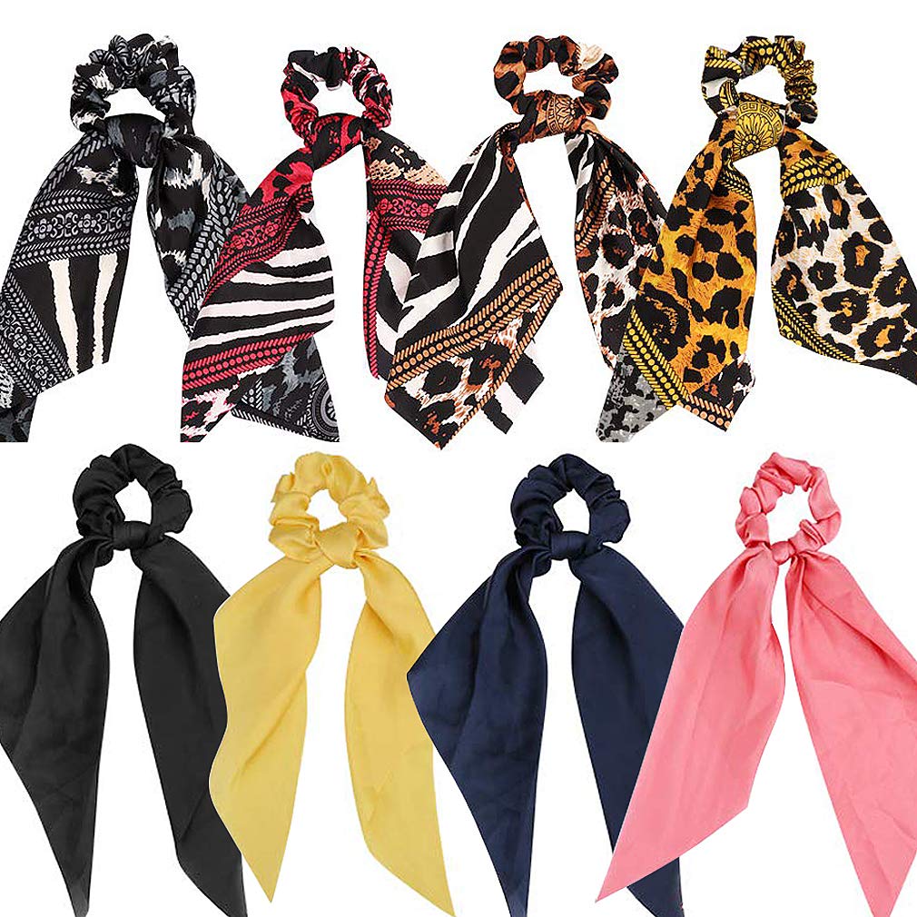 Silk Scrunchies with Scarf Bowknot, Bow Scrunchies for Hair, 8 Pack Long Hair Scrunchies Hair Ribbon Hair Accessories Hair Ties Rope with Scarf for Women Girls, Ponytail Holder with Scarf
