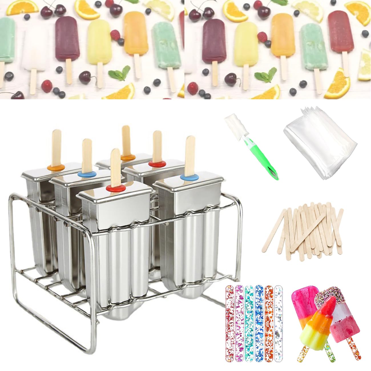 Photo 1 of *MISSING PARTS UNKNOWN*
Set of 6 Stainless Steel Popsicle Molds Kit, Metal Popsicle Moulds,Homemade Ice Treat Makerwith 50 Wooden Sticks and 6 Silicone Seals and 20 Pop Bags,Cleaning Brush?semi-circular?