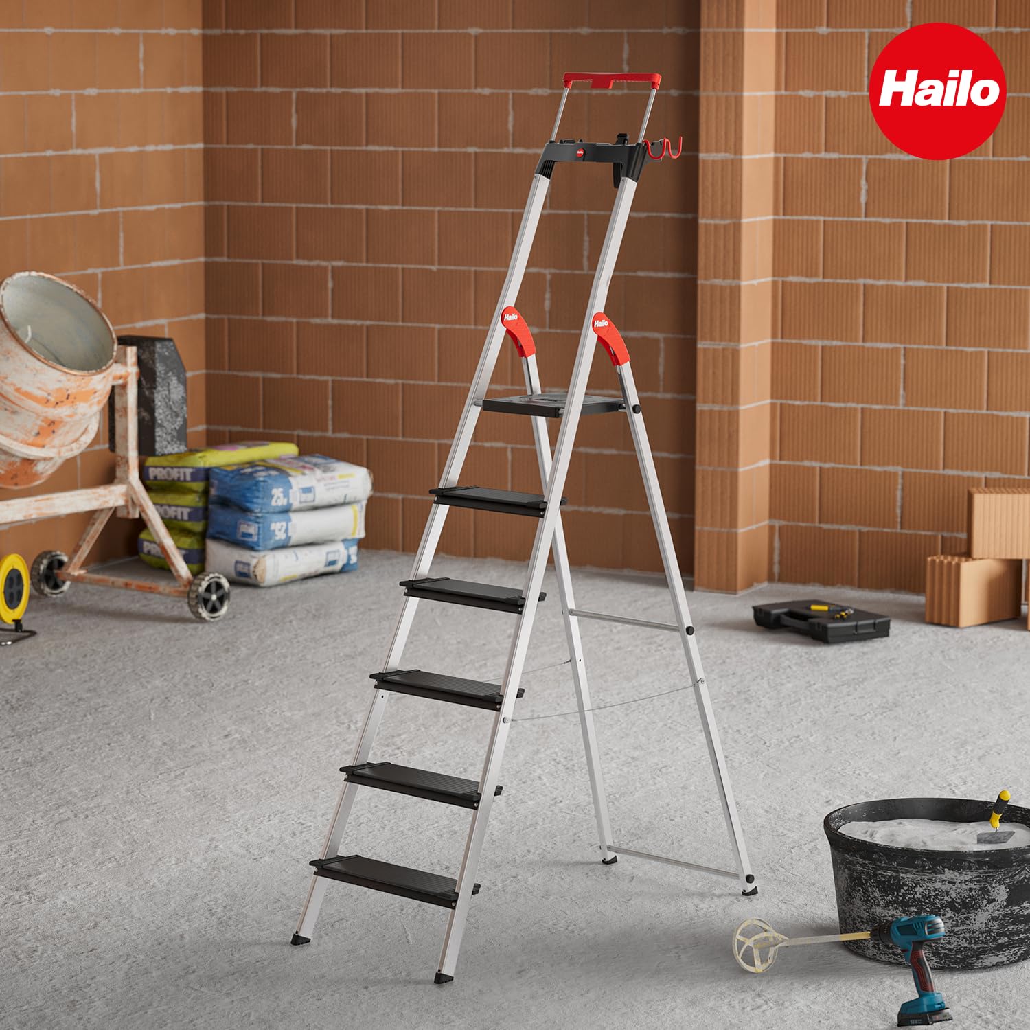 Hailo L100 Topline Alu-Sicherheits-Stehleiter - 8 XXL-Stufen bis 150 kg - Stehleiter mit ausziehbarem Haltebügel, Plattformverriegelung - viel Zubehör - klappbare Aluleiter Made in Germany - schwarz 7